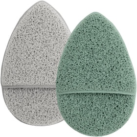 S&T INC. front packaging showing two gray and sage exfoliator sponges, fast routine