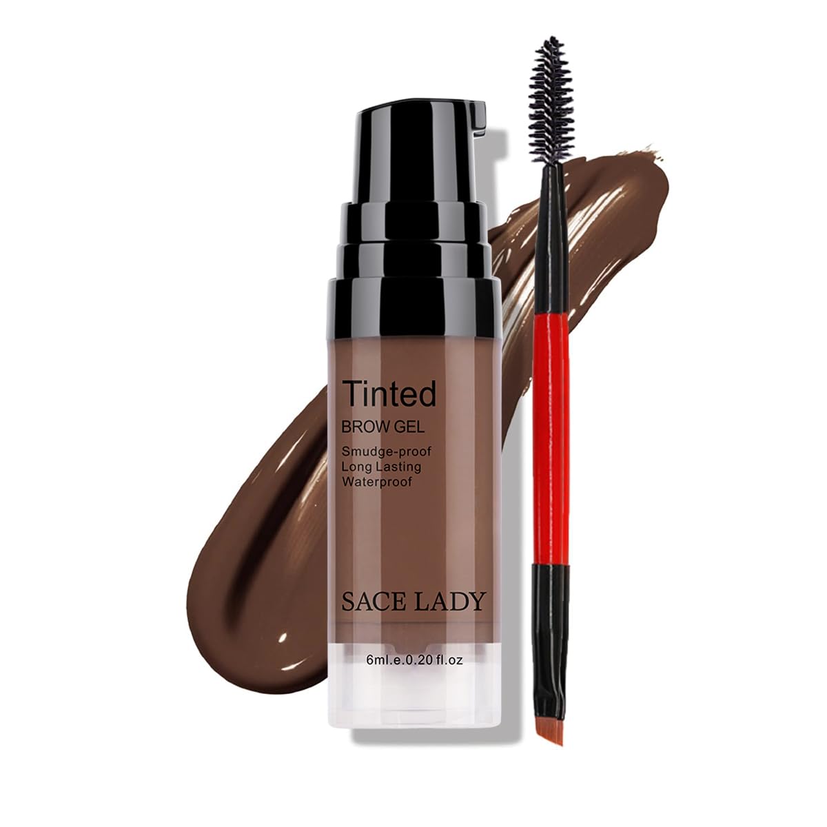 SACE LADY front packaging showing ash brown brow gel and compact kit benefit long wear