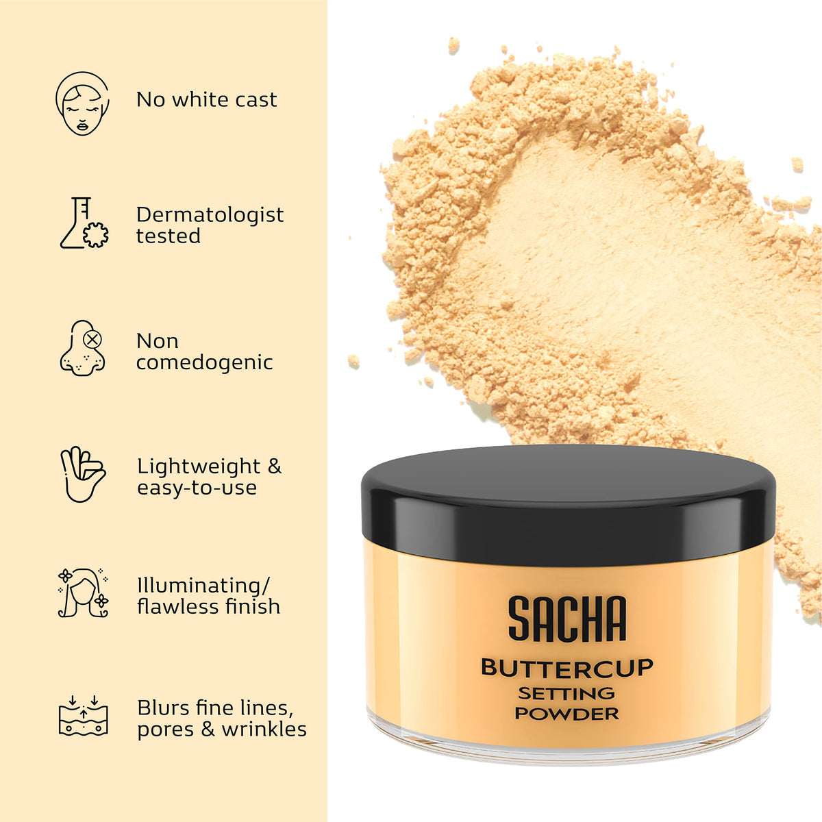 Sacha Buttercup used to set concealer for a smooth, flashback-free finish