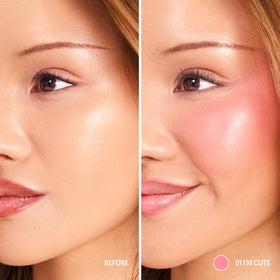 Sacheu on model showing dewy finish for natural radiant-looking cheeks