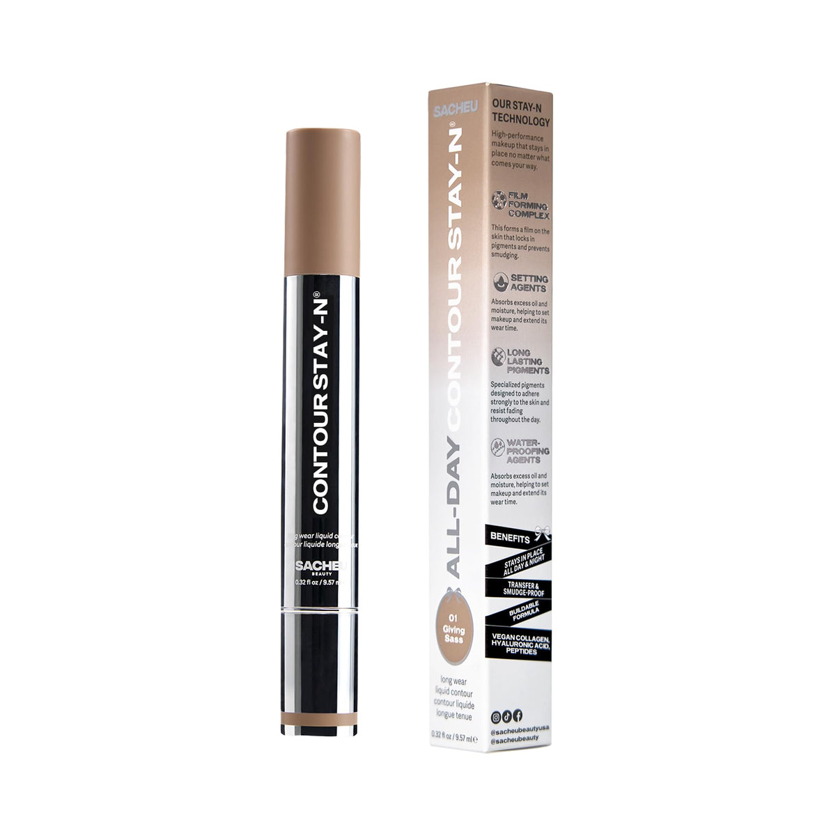 Sacheu tucked in makeup bag for daily use and quick touch-up convenience
