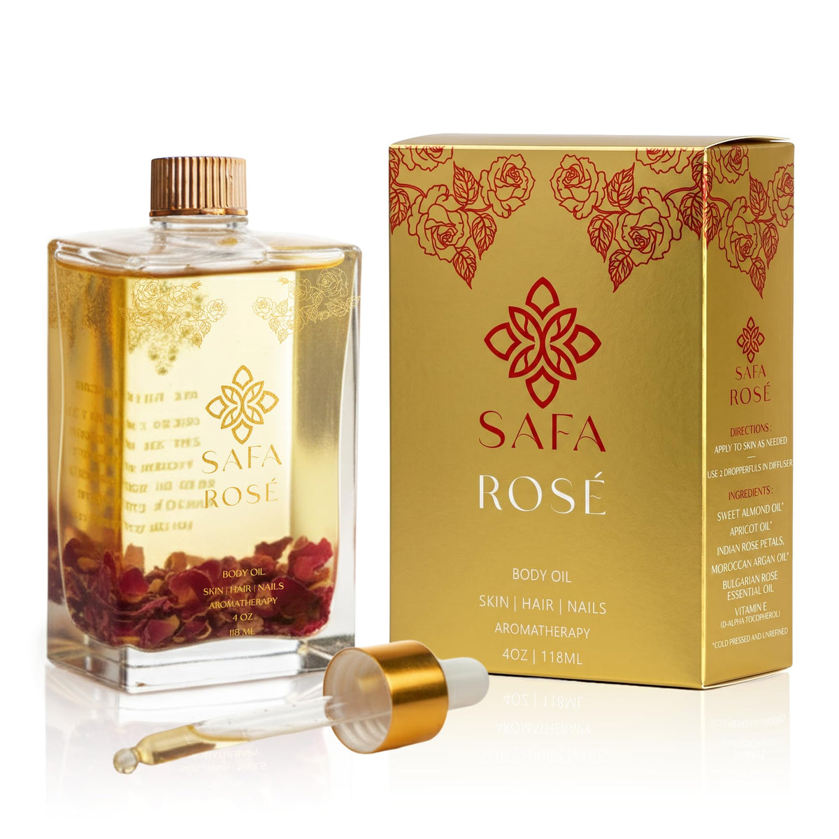 SAFA bottle front view showing elegant rose oil packaging and premium finish