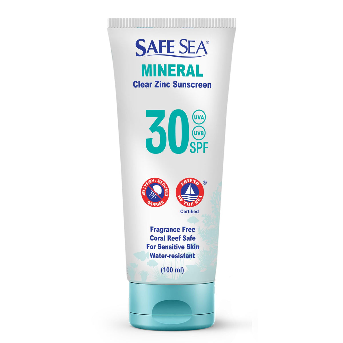 SAFE SEA front packaging 100ml showing clear reef-safe sunscreen benefit