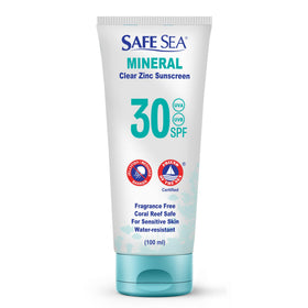 SAFE SEA front packaging 100ml showing clear reef-safe sunscreen benefit