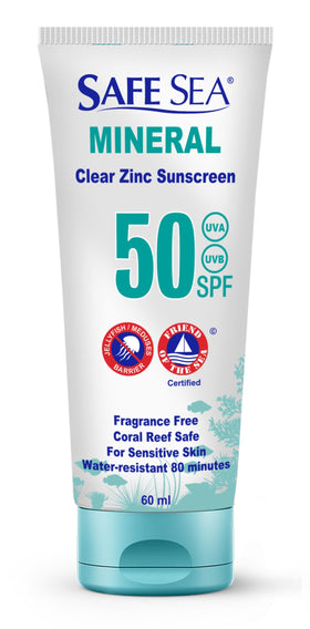 SAFE SEA front packaging 2oz tube showing SPF50 protection and travel size benefit