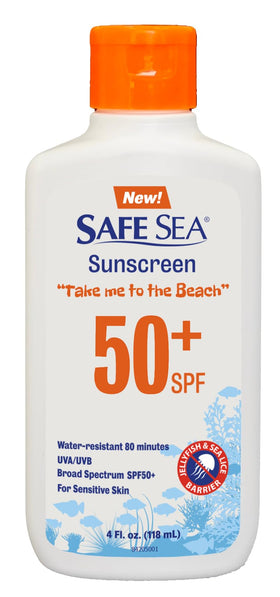SAFE SEA front packaging 4oz bottle shows SPF50+ and sting protection benefit