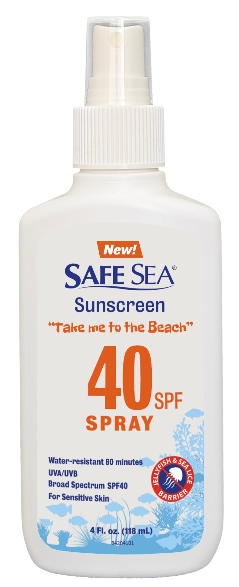 SAFE SEA front packaging showing SPF 40+ spray bottle and label benefit
