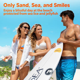 SAFE SEA bottle near towel and sunhat at beach highlighting ocean-friendly use