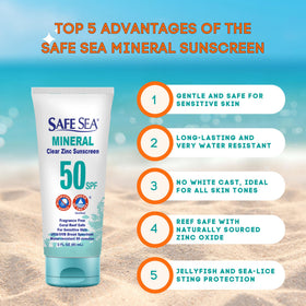 SAFE SEA close-up texture of clear zinc oxide lotion demonstrating lightweight absorption