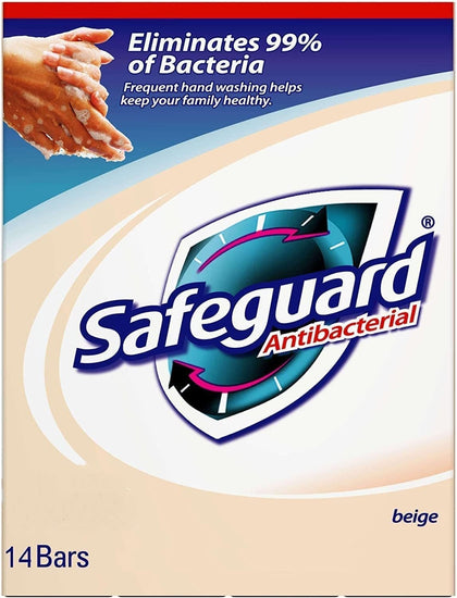 Safeguard front packaging showing 14 antibacterial bars and value pack benefit