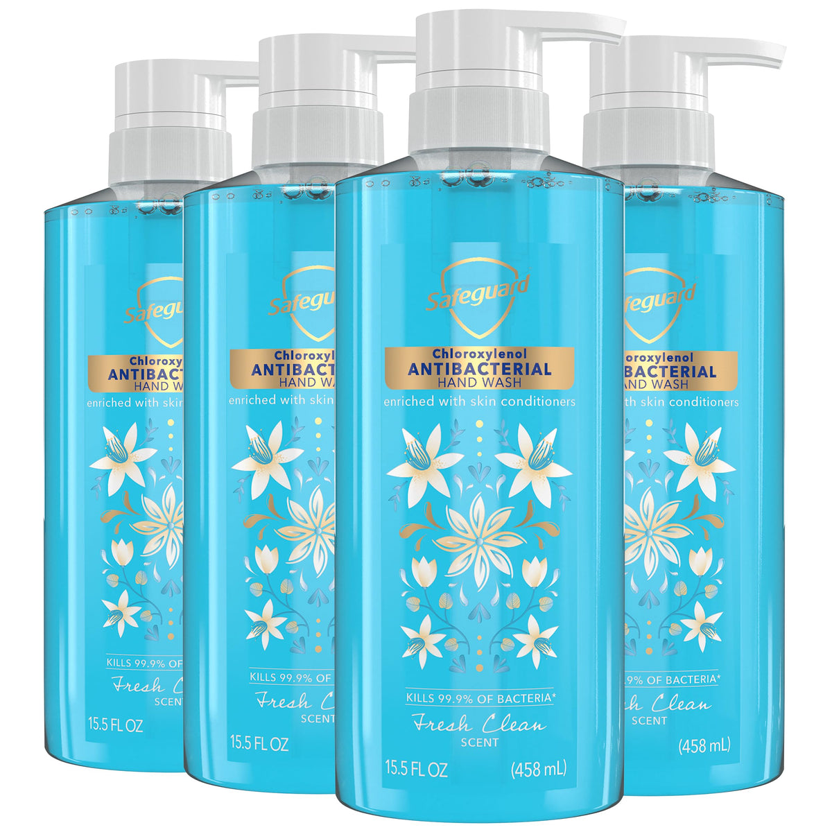 Safeguard front packaging showing four 15.5 oz bottles and Fresh Clean Scent benefit