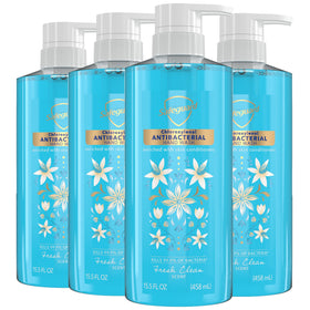 Safeguard front packaging showing four 15.5 oz bottles and Fresh Clean Scent benefit
