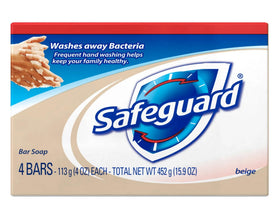 Safeguard front packaging showing pack of four bars and easy storage benefit