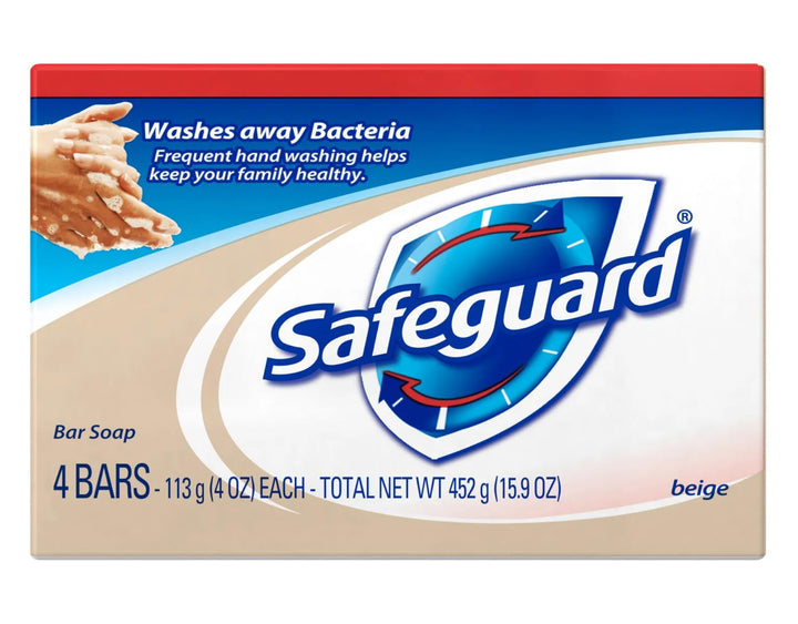 Safeguard front packaging showing pack of four bars and easy storage benefit