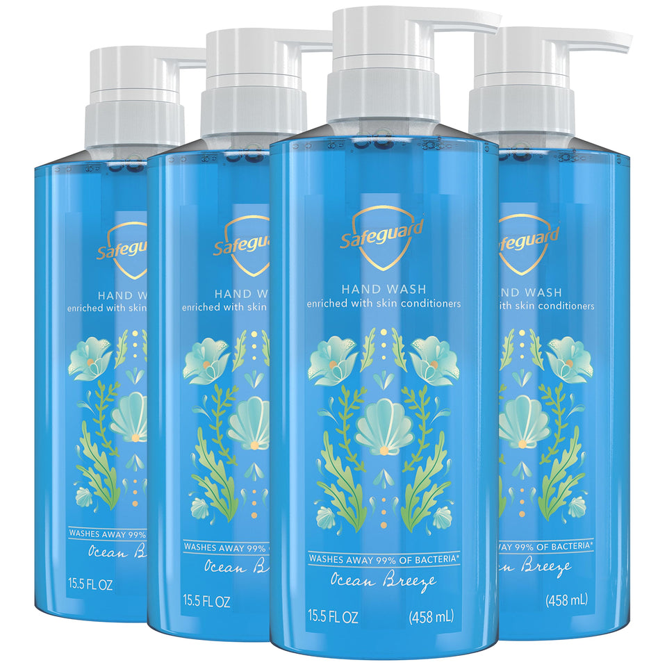 Safeguard front packaging showing Ocean Breeze bottle and size benefit