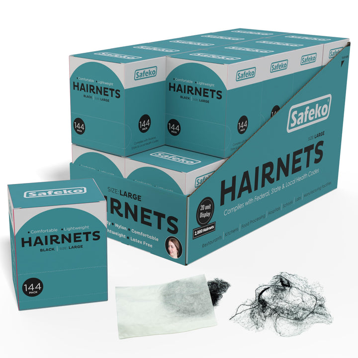 SAFEKO front pack of 144 black hairnets showing quantity and packaging benefit