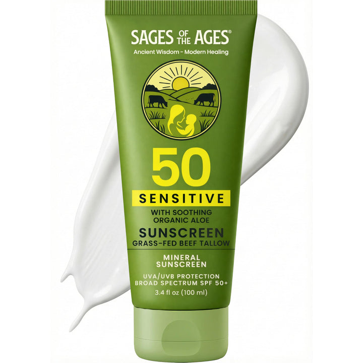 Sages Of The Ages front packaging showing SPF 50 and benefits