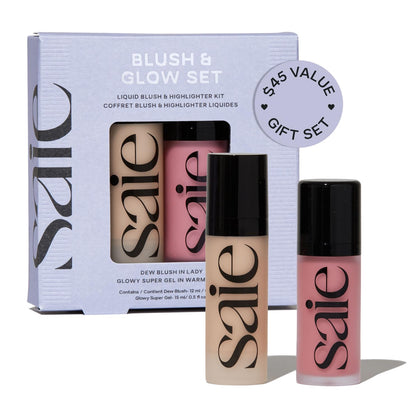Saie front packaging showing both Dew Blush and Glowy Super Gel, perfect for gifting