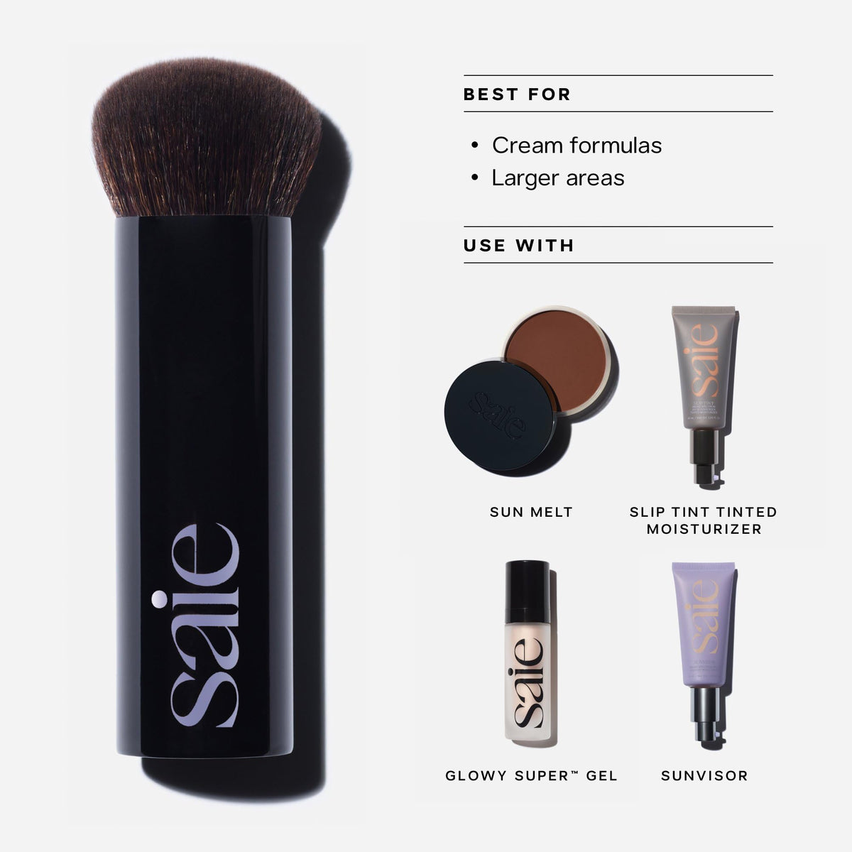 Saie brush applying liquid foundation on cheek for seamless, streak-free coverage benefit
