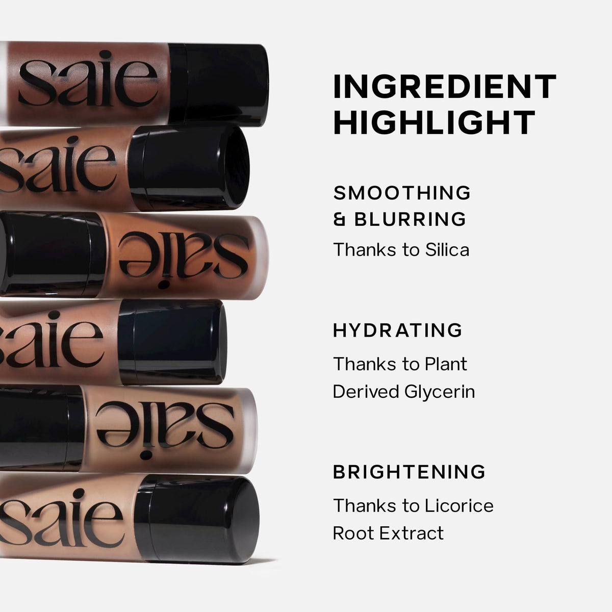 saie Dew Bronze close-up of label showing ingredients and clean-formula benefit