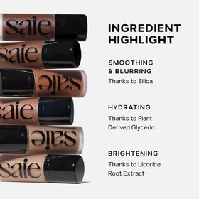 Saie Dew Bronze in a makeup bag lifestyle shot emphasizing on-the-go convenience