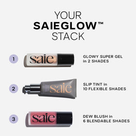 Saie Dew Liquid Blush in a makeup bag lifestyle shot for on-the-go use
