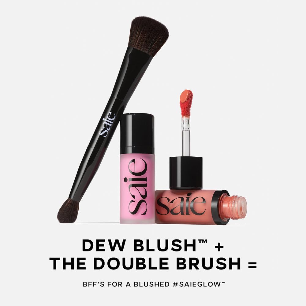 Saie blush trio beside makeup bag showing multitasking everyday use