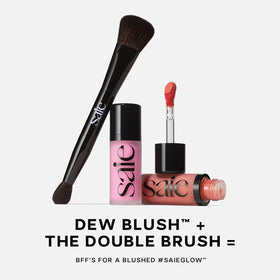Saie blush trio beside makeup bag showing multitasking everyday use