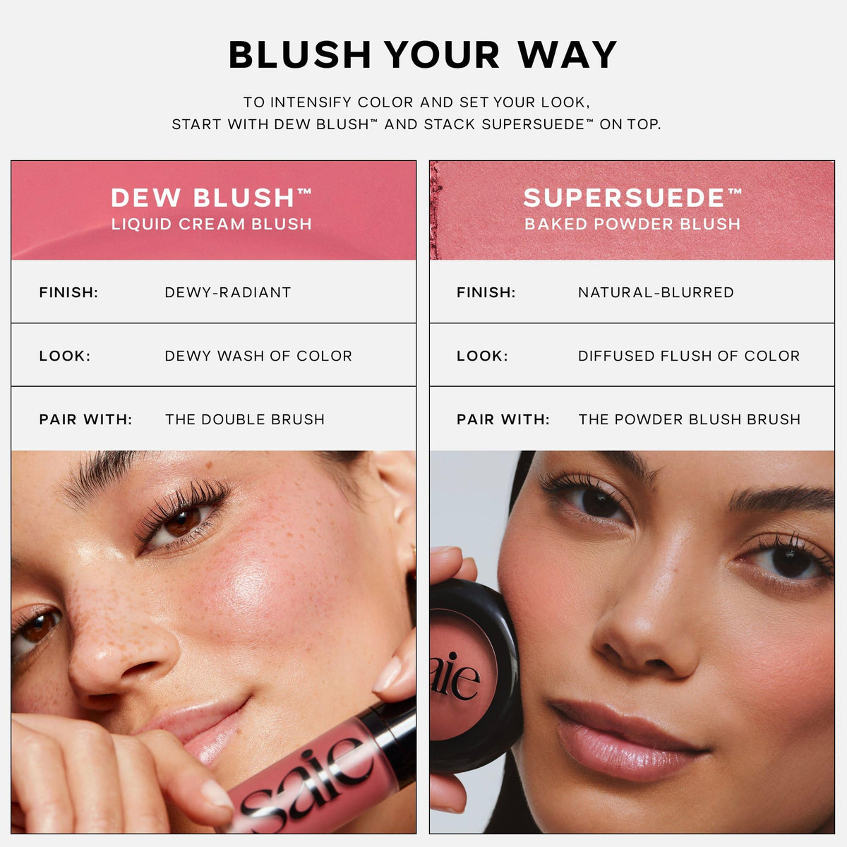 Saie applied on cheeks for a dewy, lit-from-within flush and healthy finish