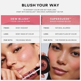 Saie Dew Liquid Blush held in hand showing compact travel-friendly size