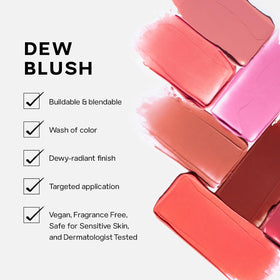 Saie Spicy shade swatch showing deeper rosy-coral impact on cheeks
