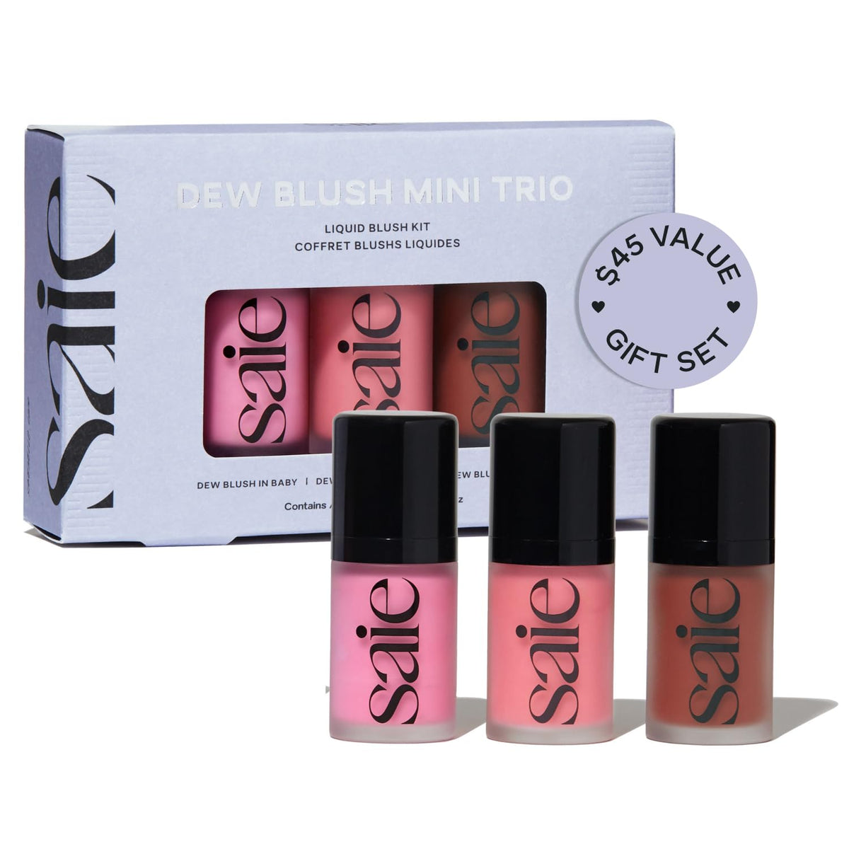 Saie front packaging showing three blush sticks and benefits for travel