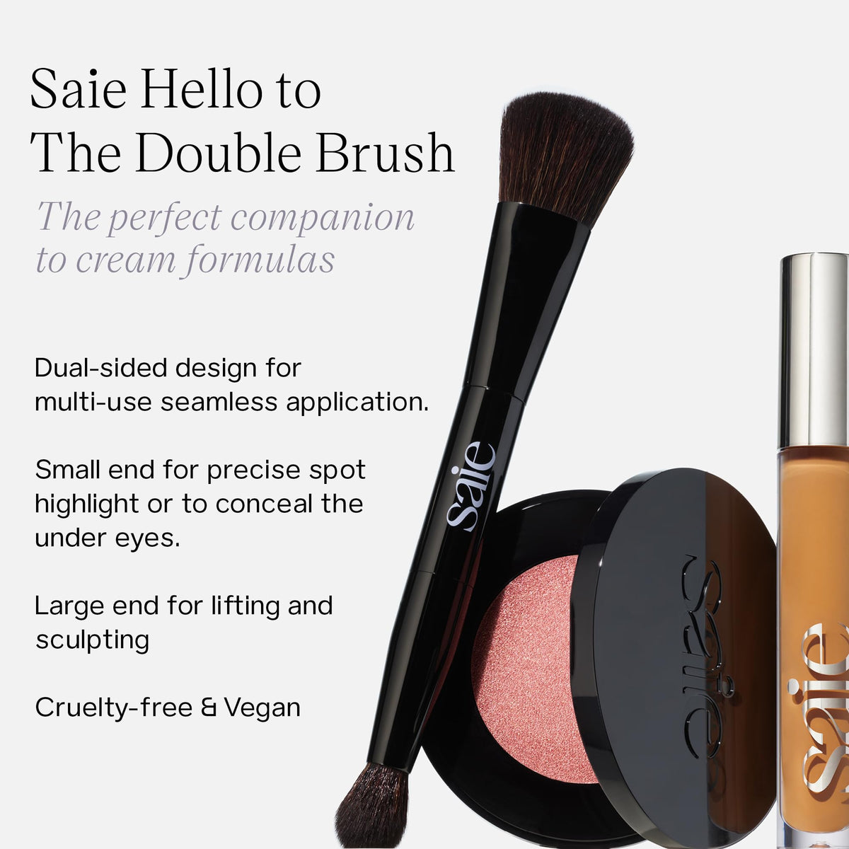 Saie double brush close-up of ultra-soft synthetic bristles for seamless blending