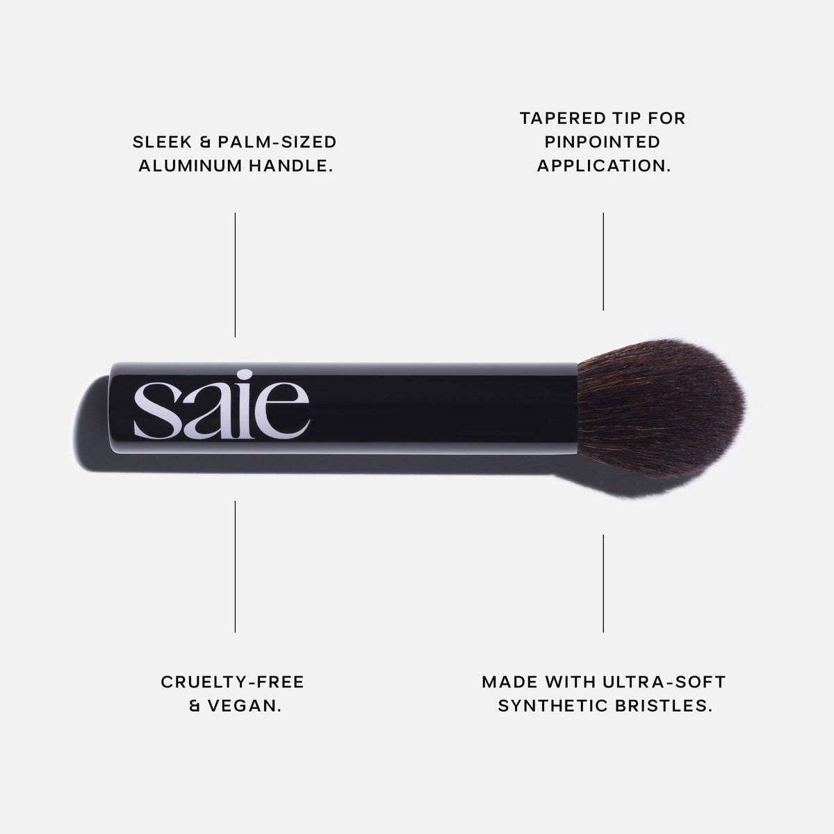 Saie Fluffy Brush tapered tip close-up for precise powder placement benefit