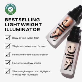 Saie Glowy Super Gel on vanity with mirror and brushes for everyday glowing routine