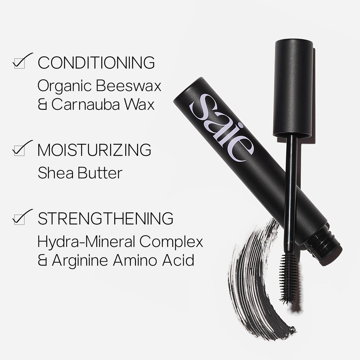 Saie mascara 101 swiped on lashes closeup showing length and separation