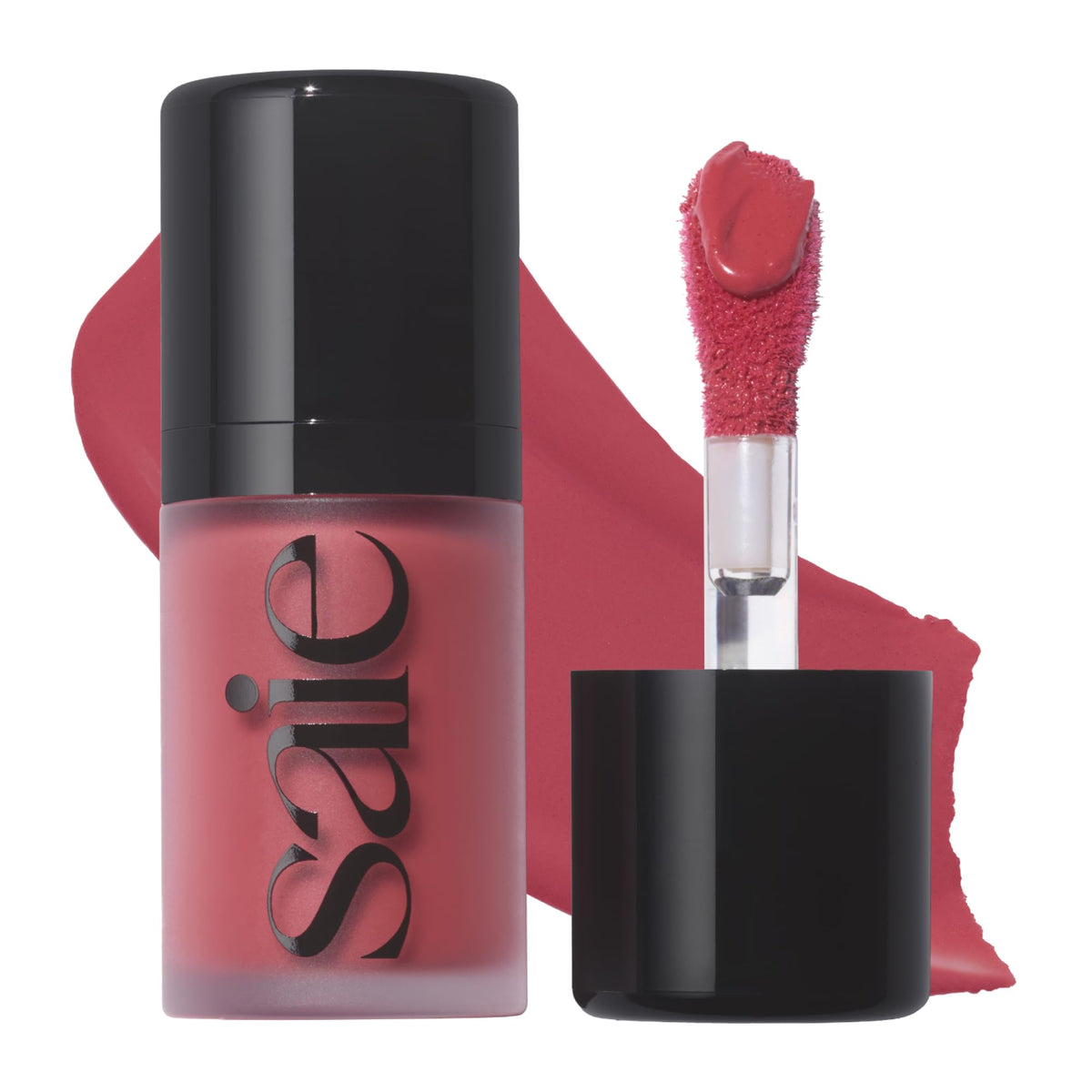 Saie front packaging showing compact blush and applicator for easy transport