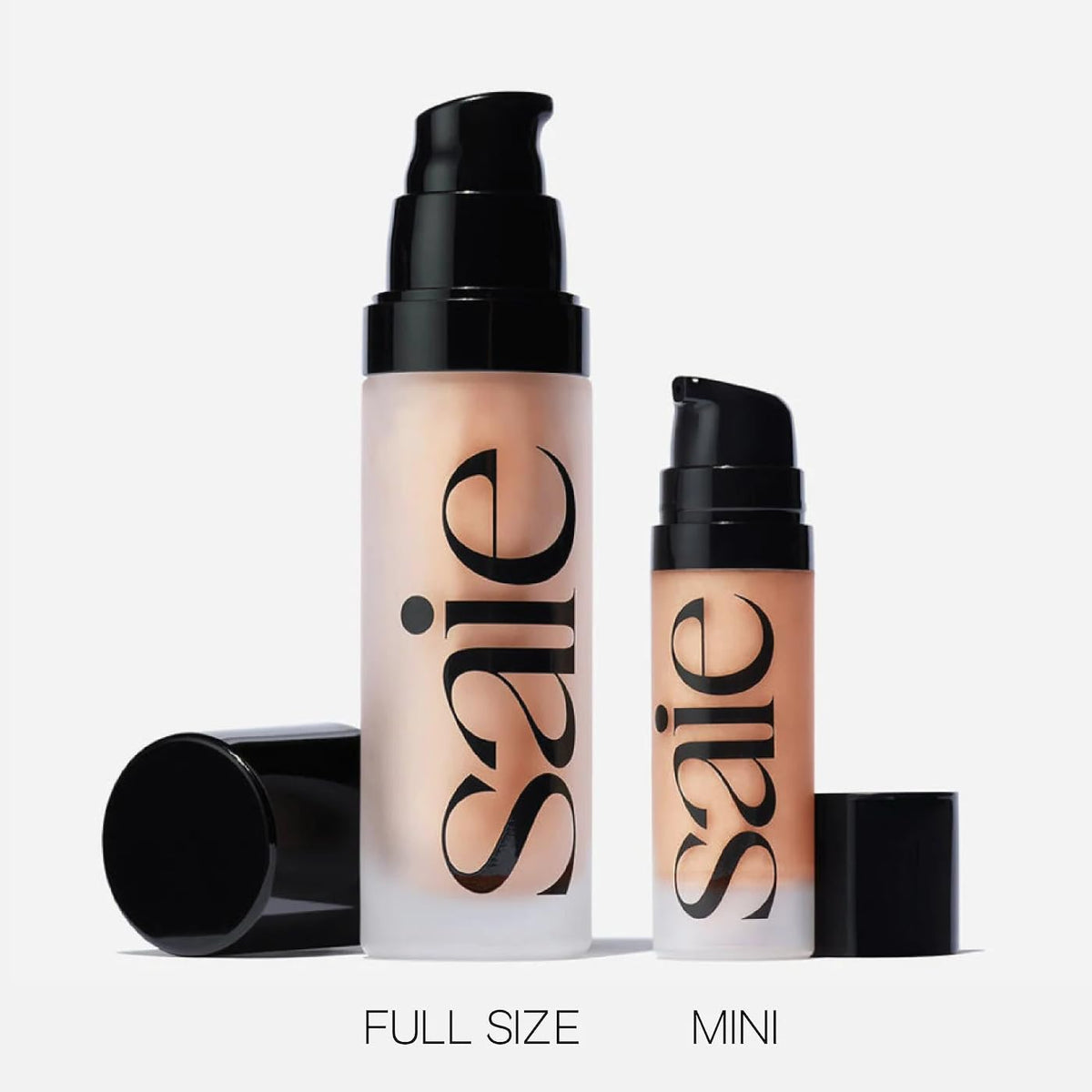 Saie mini glowy super gel in travel bag setting portraying on-the-go touch-up readiness