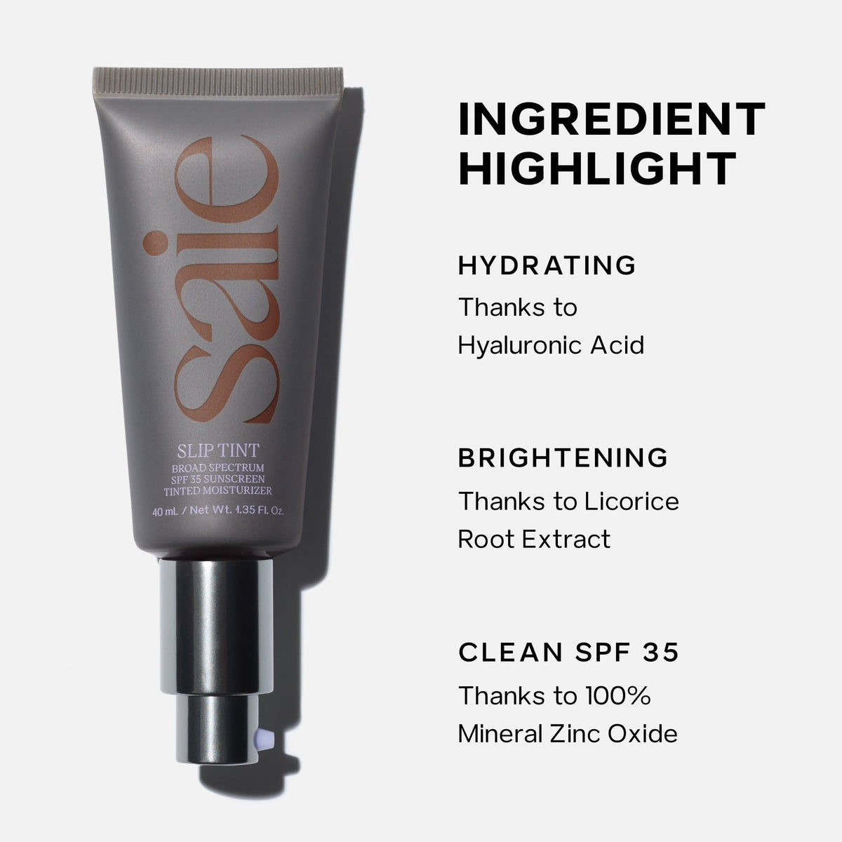 Saie back label close-up showing SPF 35 zinc oxide sunscreen protection benefit