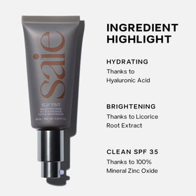 Saie back label close-up showing SPF 35 zinc oxide sunscreen protection benefit