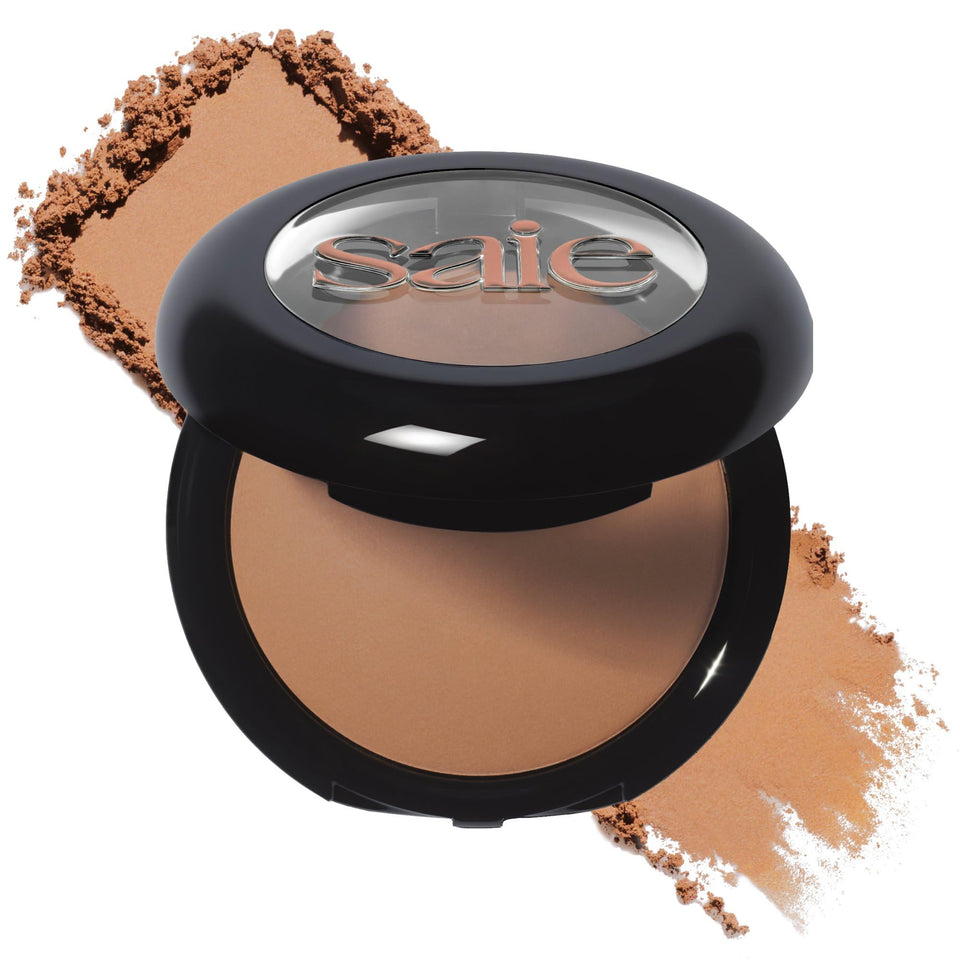 Saie SuperSuede Amalfi front pan showing bronzer shade and finish for natural warmth