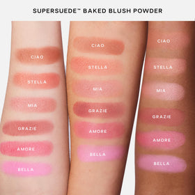 Saie SuperSuede in makeup bag lifestyle shot showing everyday portability benefit