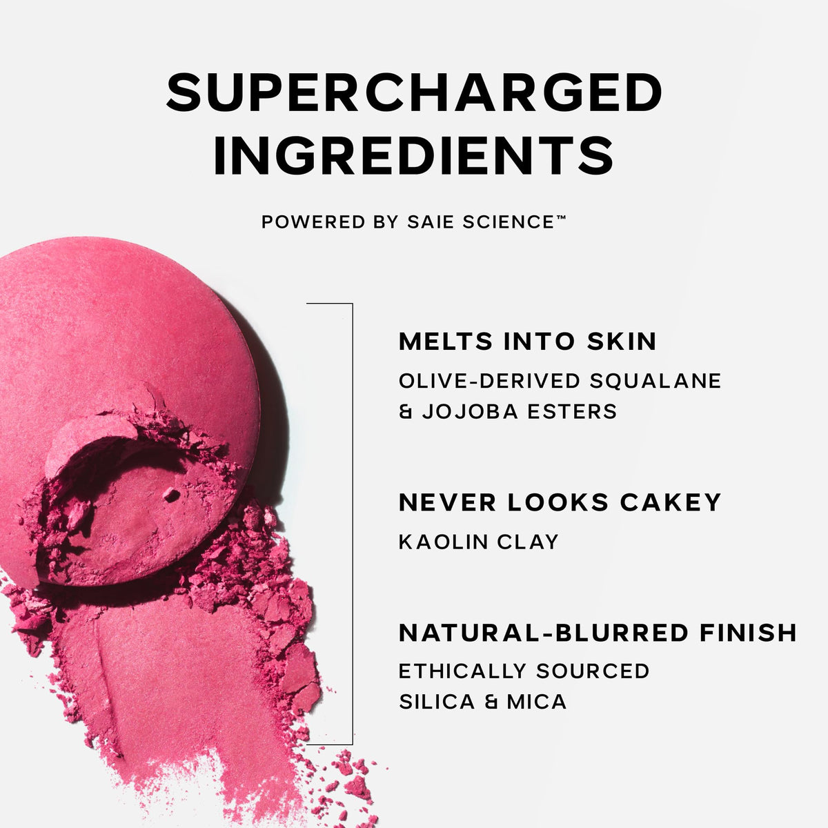 Saie SuperSuede packaging flatlay with ingredients card showing clean formula transparency benefit