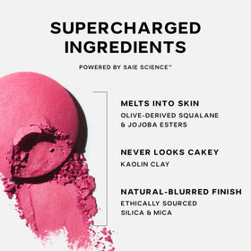 Saie SuperSuede packaging flatlay with ingredients card showing clean formula transparency benefit