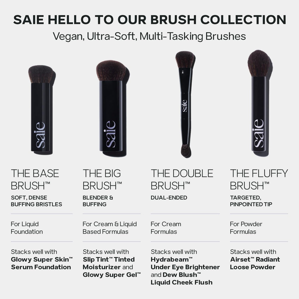Saie brush on bathroom counter styled with products showing everyday ease