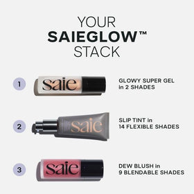 Saie product on a vanity lifestyle shot showing a dewy, everyday makeup routine