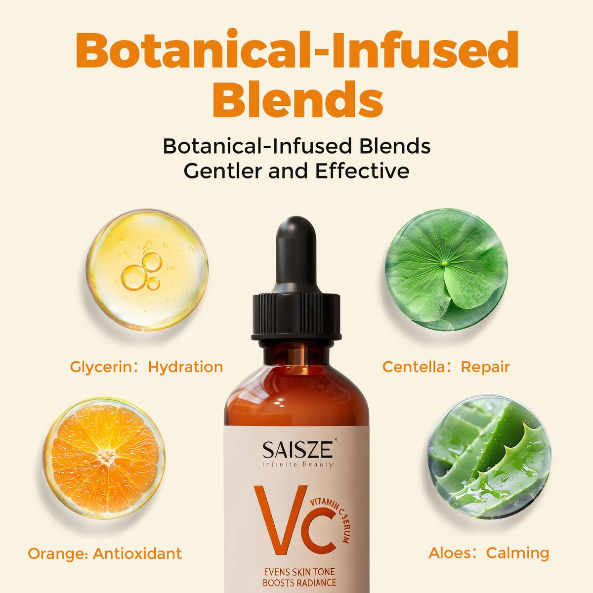 SAISZE label ingredient list highlighting vitamin C and hyaluronic benefit