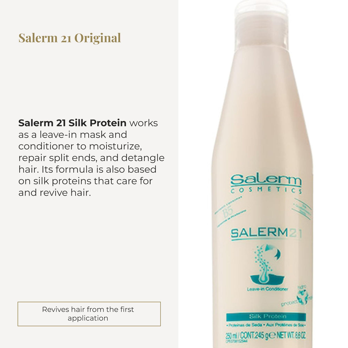 SALERM silk protein close-up texture highlighting smooth formula for hydration