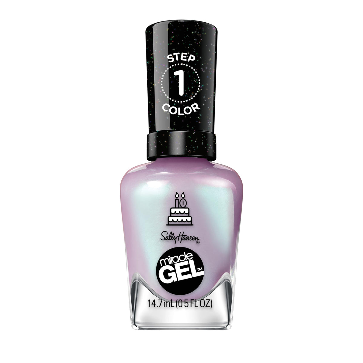 Sally Hansen bottle front view showing shimmery purple polish and brand clarity