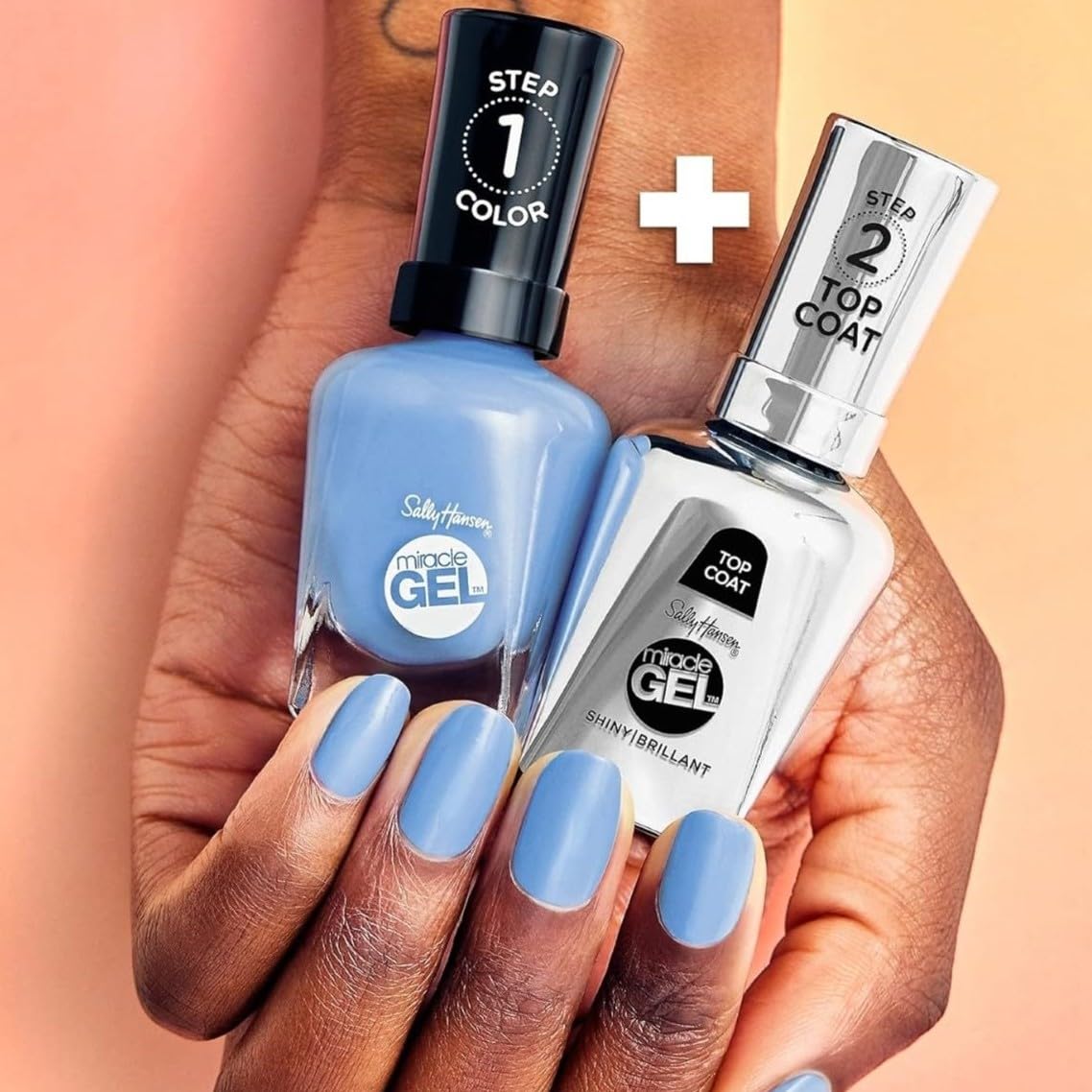 Sally Hansen color bottle next to top coat showing two-step system benefit